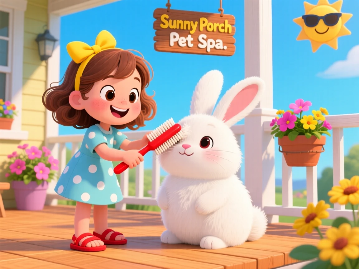 A girl brushing her rabbit's fur gently on a sunny porch.