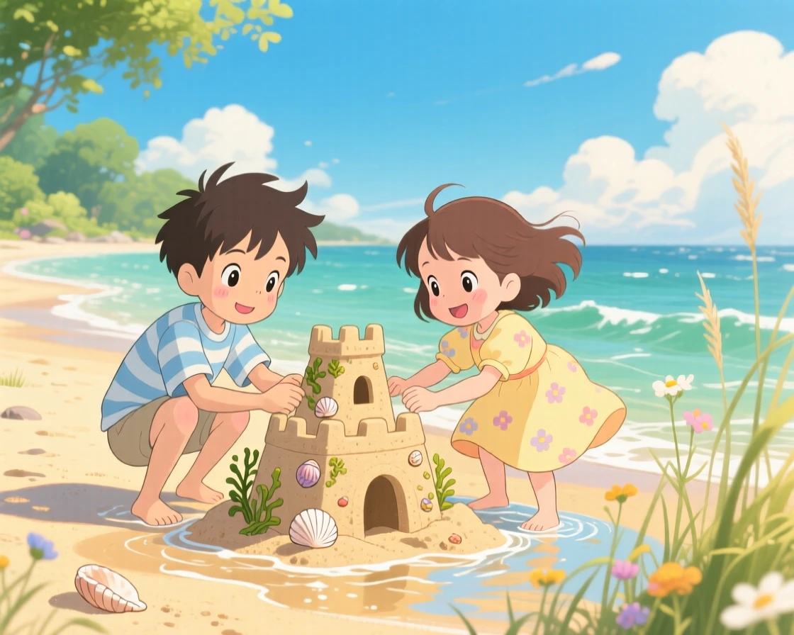 Two kids building a sandcastle at the water's edge, the moment warmly nostalgic.