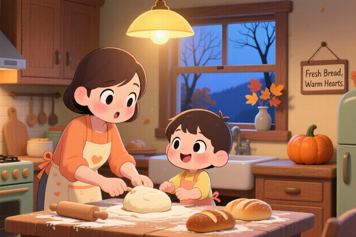 Over-the-shoulder view of a parent and child, baking bread together in the kitchen, in a warm cozy kitchen, on a crisp autumn afternoon, illuminated by cool blue twilight glow, radiating gentle surprise.
