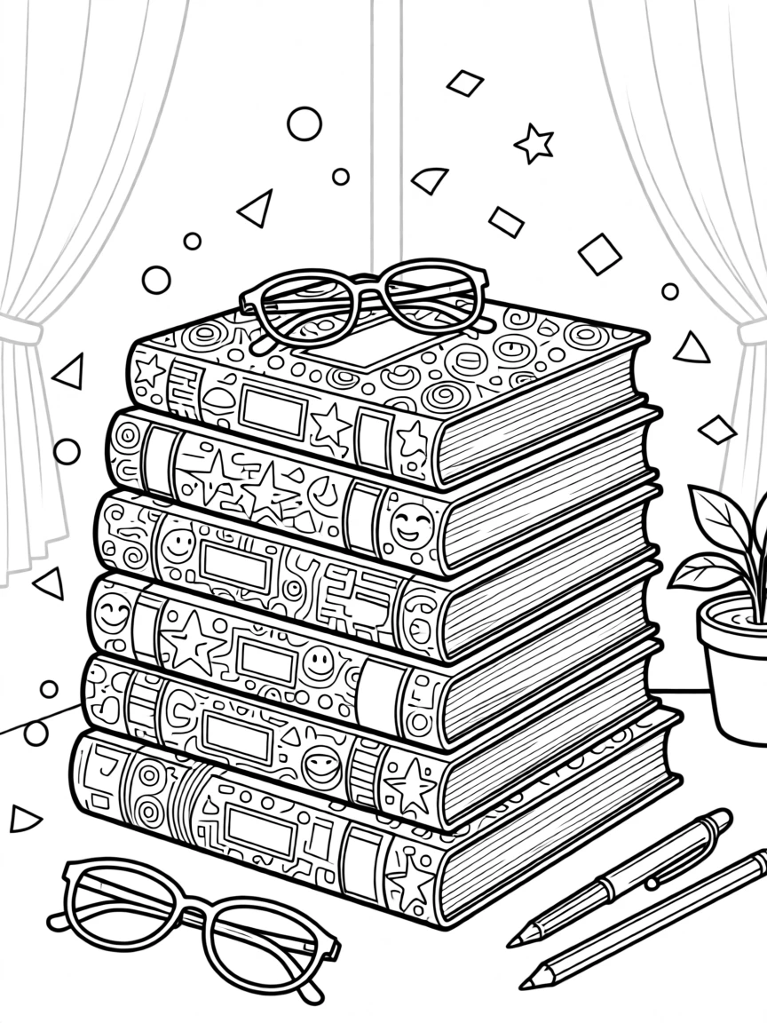 A stack of textbooks and notebooks covered in doodles, with confetti falling through the air.