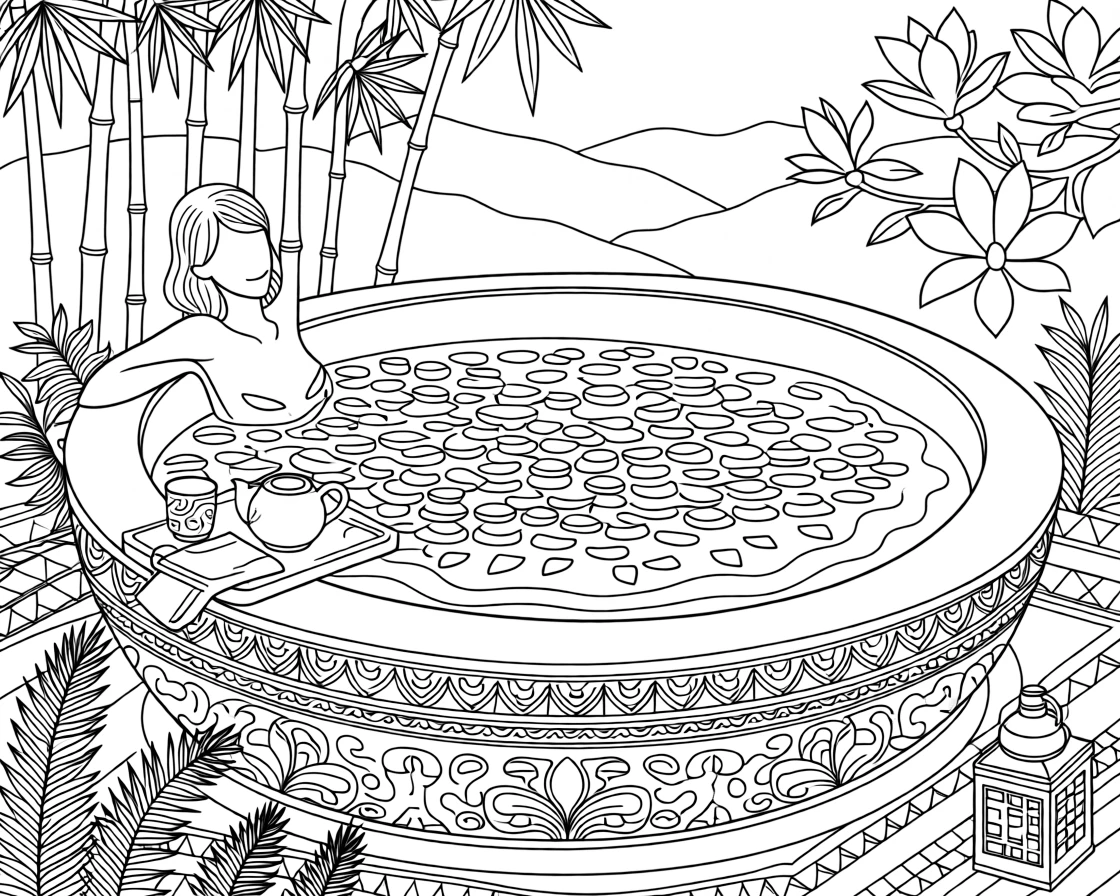 A woman relaxing in an outdoor bath surrounded by floating petals.