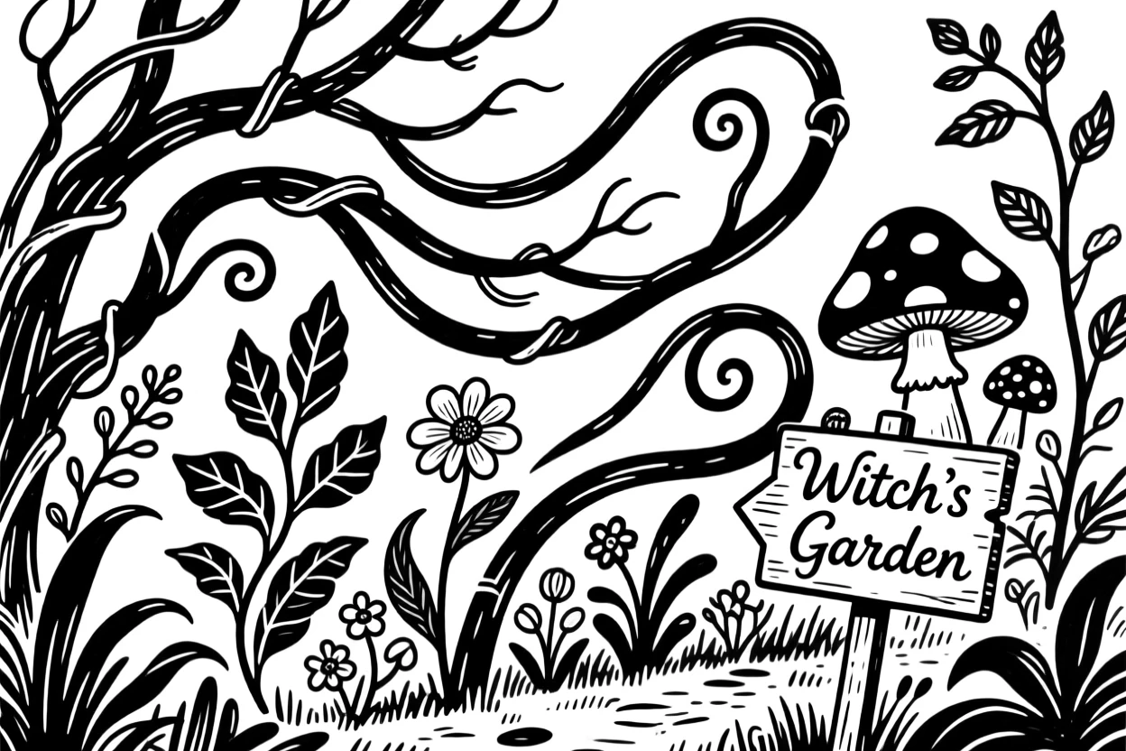 A witch's garden where every plant glows with a different magical color.