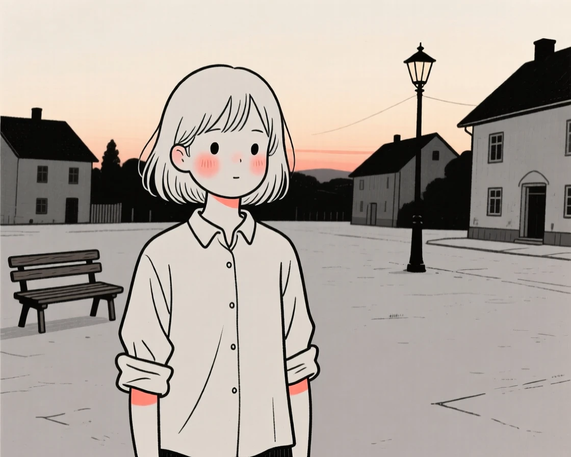 A young girl in a linen shirt rolled at the sleeves, lost in quiet contemplation, on a village square at dusk.