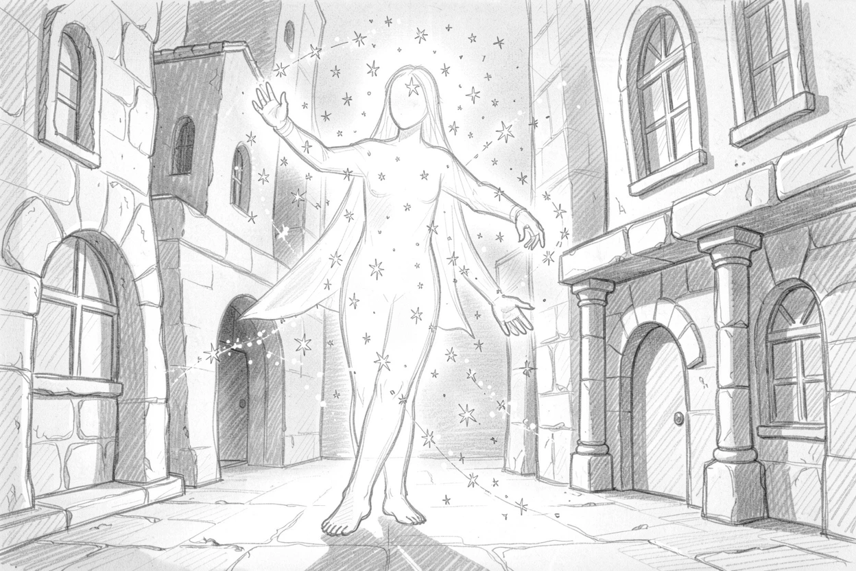 A celestial being made of starlight, within a city carved from luminous stone, with a trail of sparkling light marking the path.