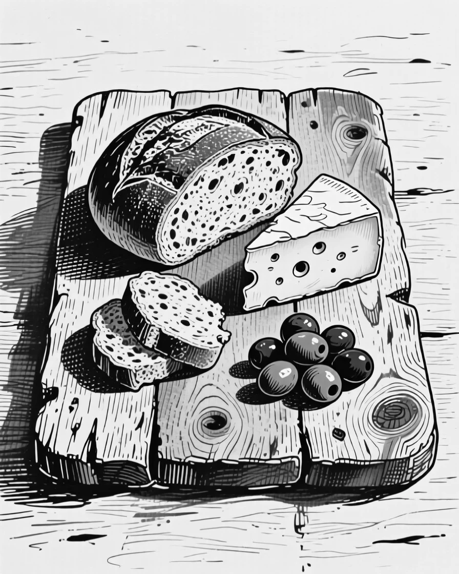 A rustic wooden board with fresh bread, cheese, and cured olives.