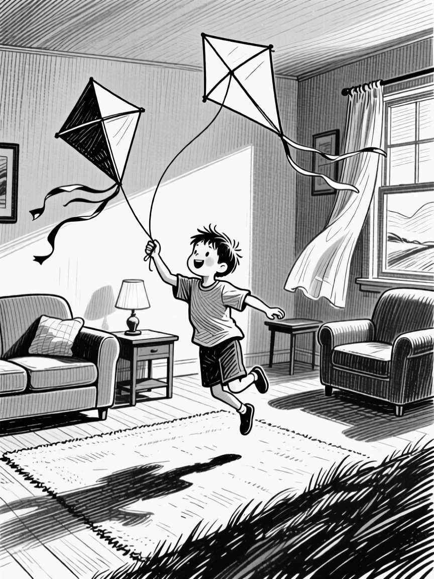 A boy flying a kite on a breezy hill within a warmly lit living room, with long shadows stretching across the ground, creating a tender and sincere lifestyle scene.