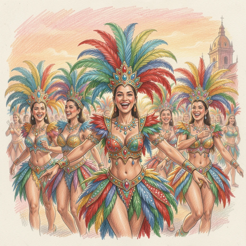 A Rio carnival parade with elaborate feathered costumes and dancers, bathed in the warm glow of golden-hour light, celebrating a moment people would love to revisit.