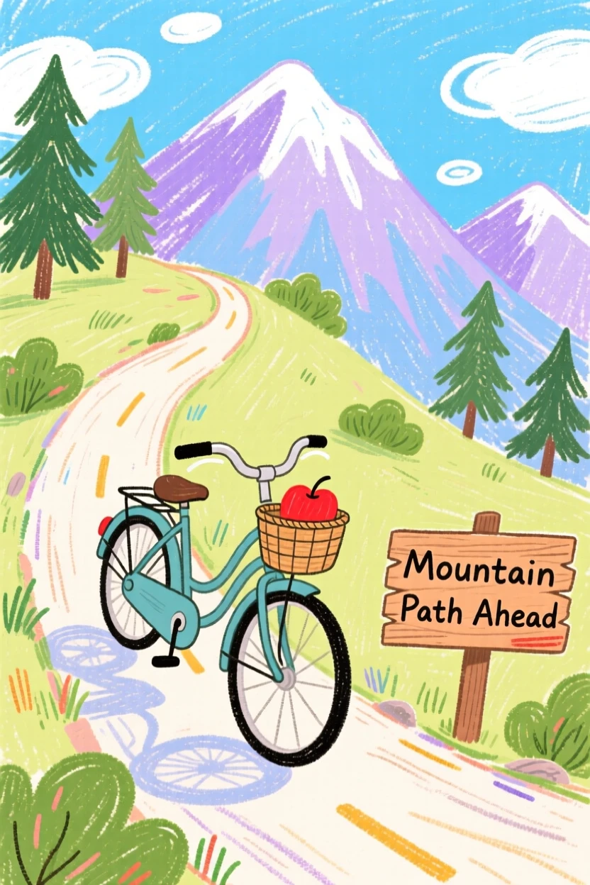 A vintage bicycle climbing a winding mountain road.