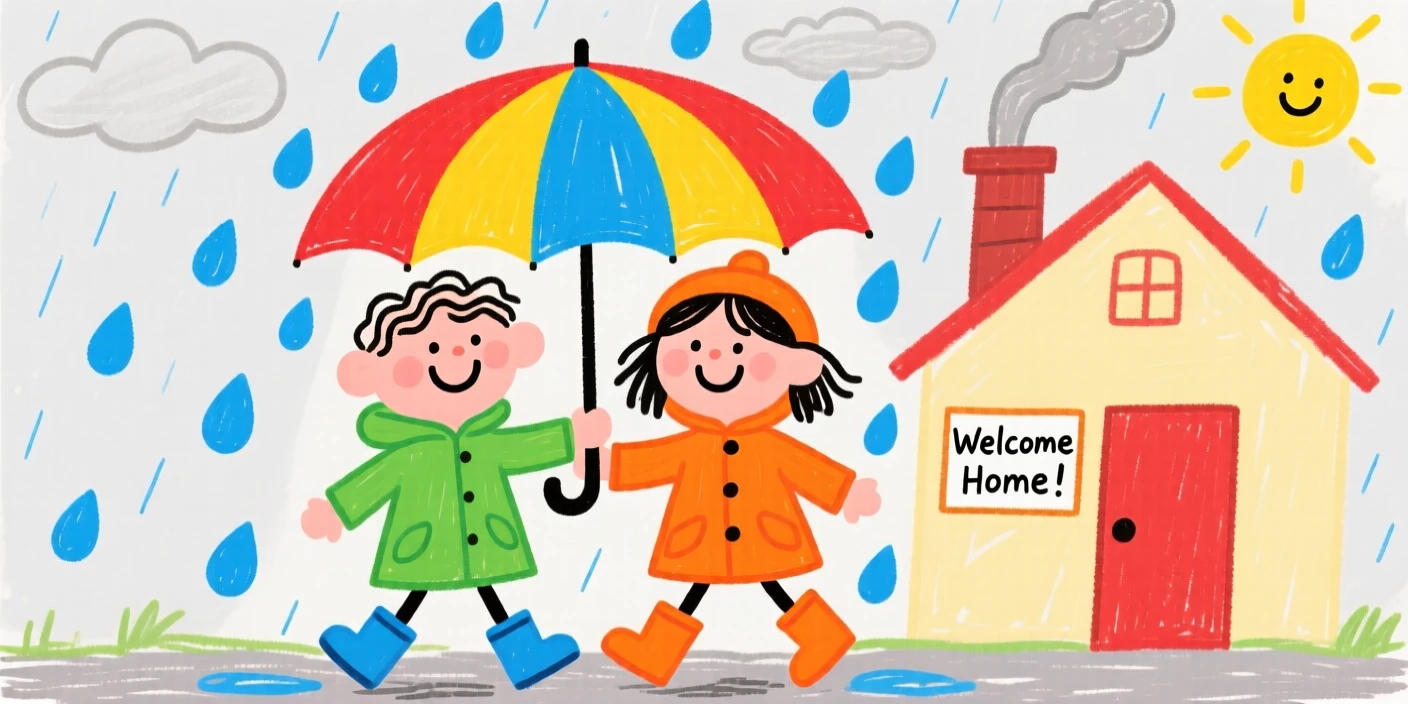 Best friends sharing an umbrella while walking home in the rain.