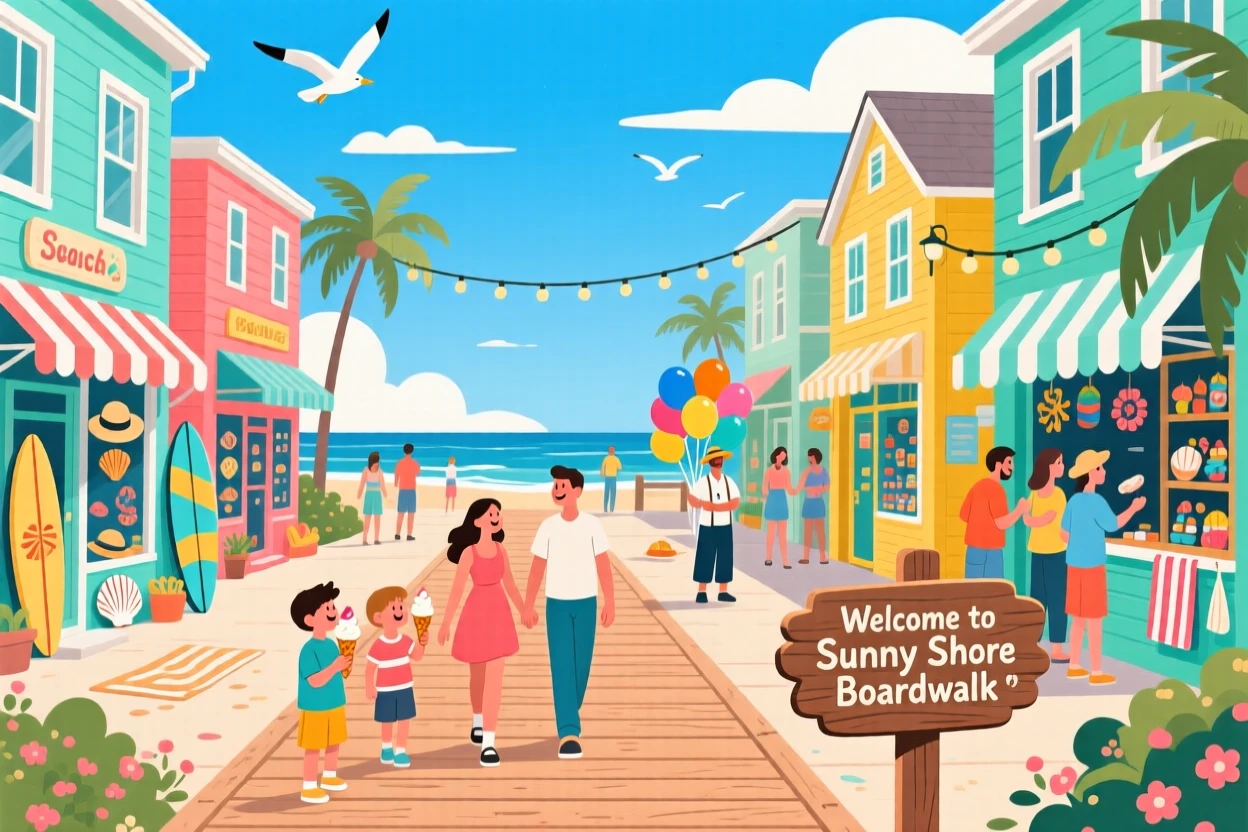 A vibrant beachside boardwalk lined with colorful shops, surrounded by vibrant local color and charm, framed to highlight the destination's unique character, with a joyful, adventurous atmosphere.