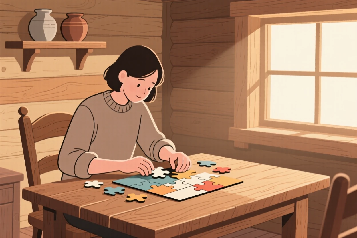 A person assembling a puzzle in a rustic cabin.