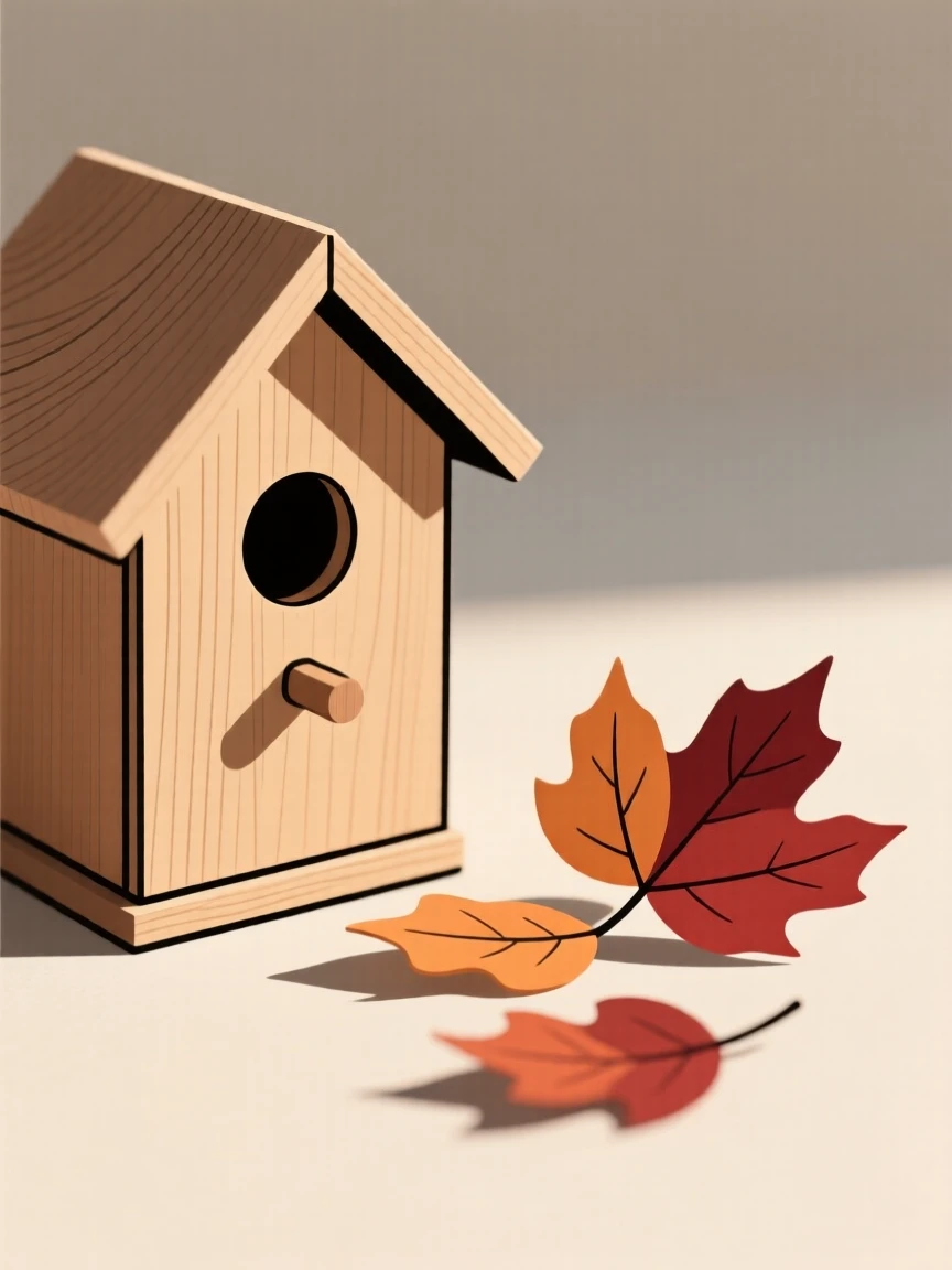 A close-up study of a wooden birdhouse placed beside loose autumn leaves on a sunlit study, full of understated elegance.