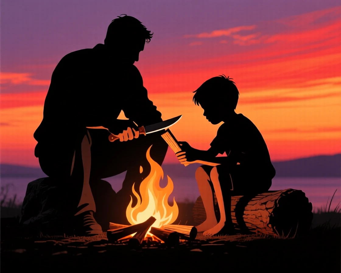 A father teaching his son to whittle wood by a campfire.