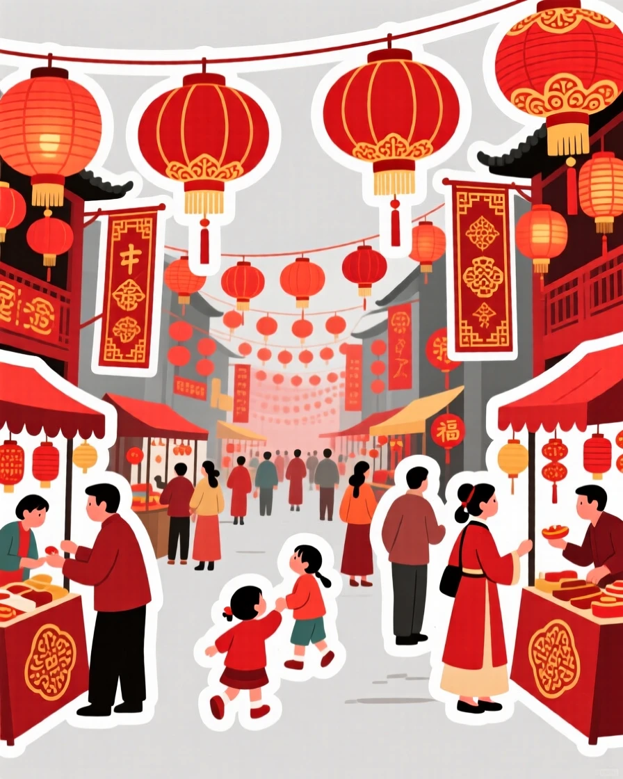 A richly detailed Chinese red lantern festival scene, with locals going about their day, at the peak of a local festival.