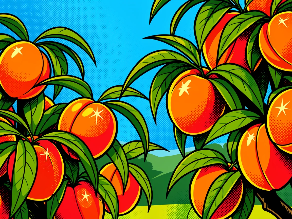 An orchard heavy with ripe peaches in summer light
