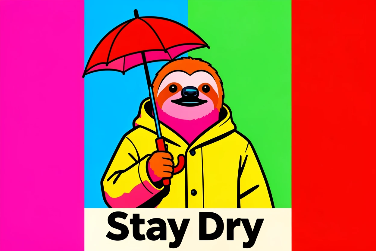Sloth wearing a raincoat holding a tiny umbrella