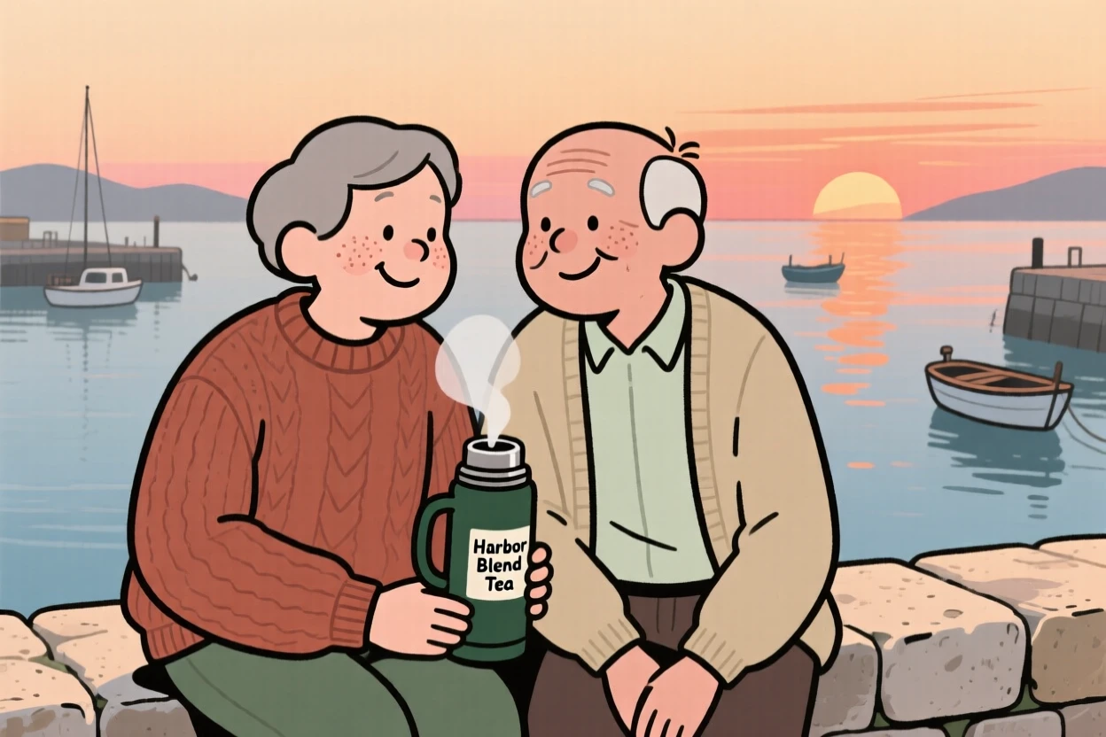 Two old friends sit on a low stone wall overlooking the harbor at sunset, sharing a shared thermos of tea and easy laughter as boats drift lazily across the water.