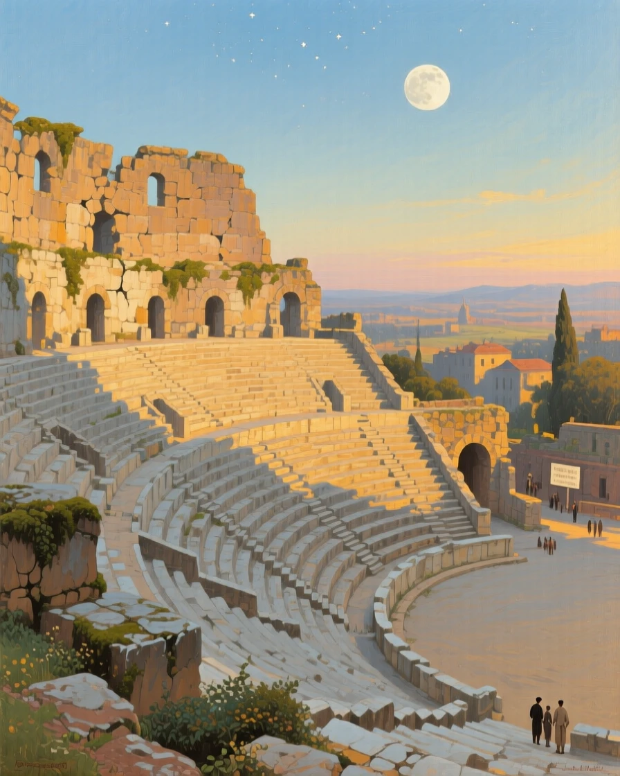 A panoramic view of a grand ancient amphitheater bathed in golden afternoon light, under a full moon, in the 1940s.