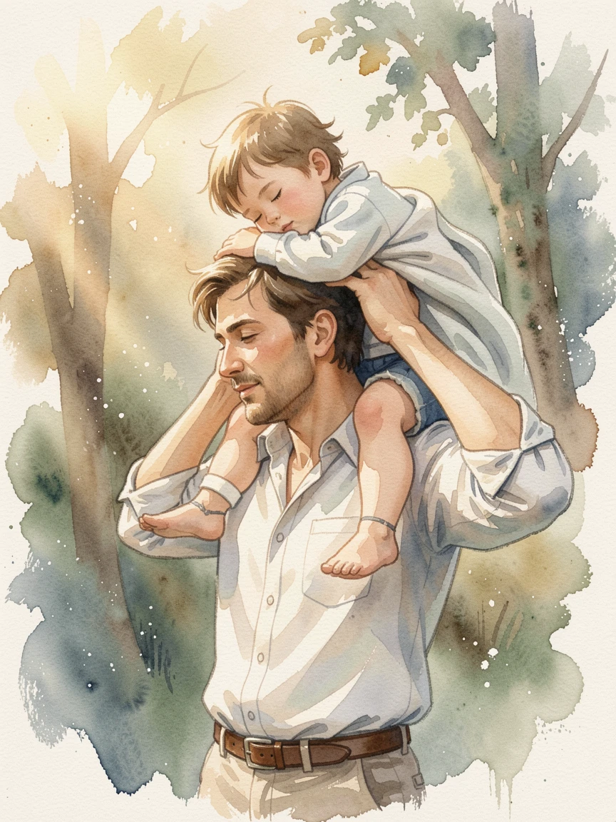 A father carrying his sleepy child on his shoulders with a gentle breeze and soft afternoon light.