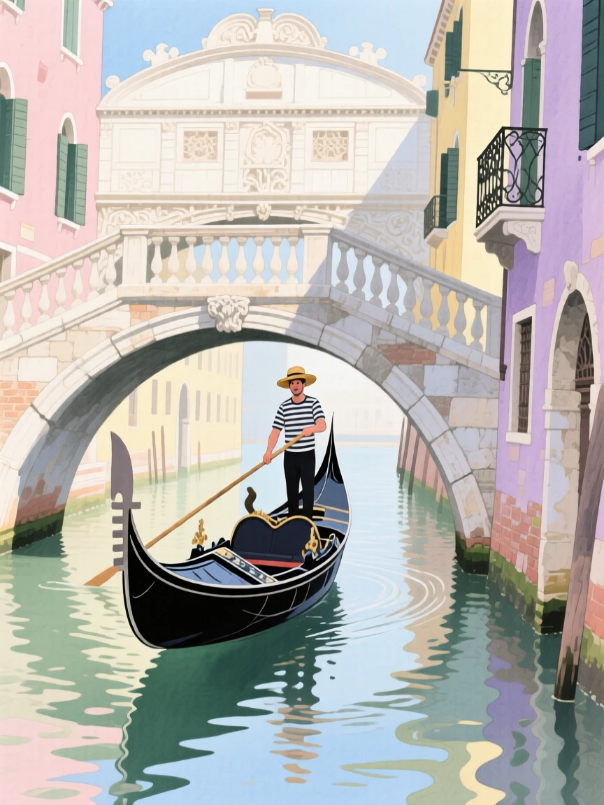 A gondola glides beneath an ornate stone bridge through a narrow Venice canal lined with pastel buildings