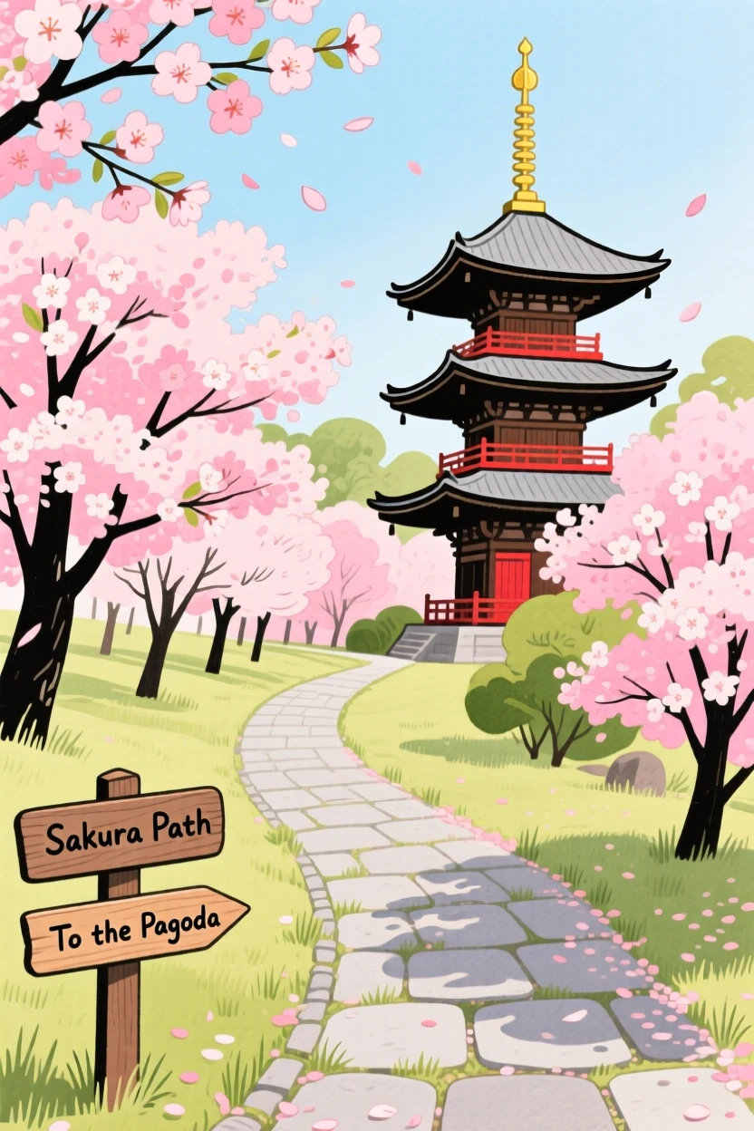A memorable scene of a cherry-blossom-lined path near a Japanese pagoda.