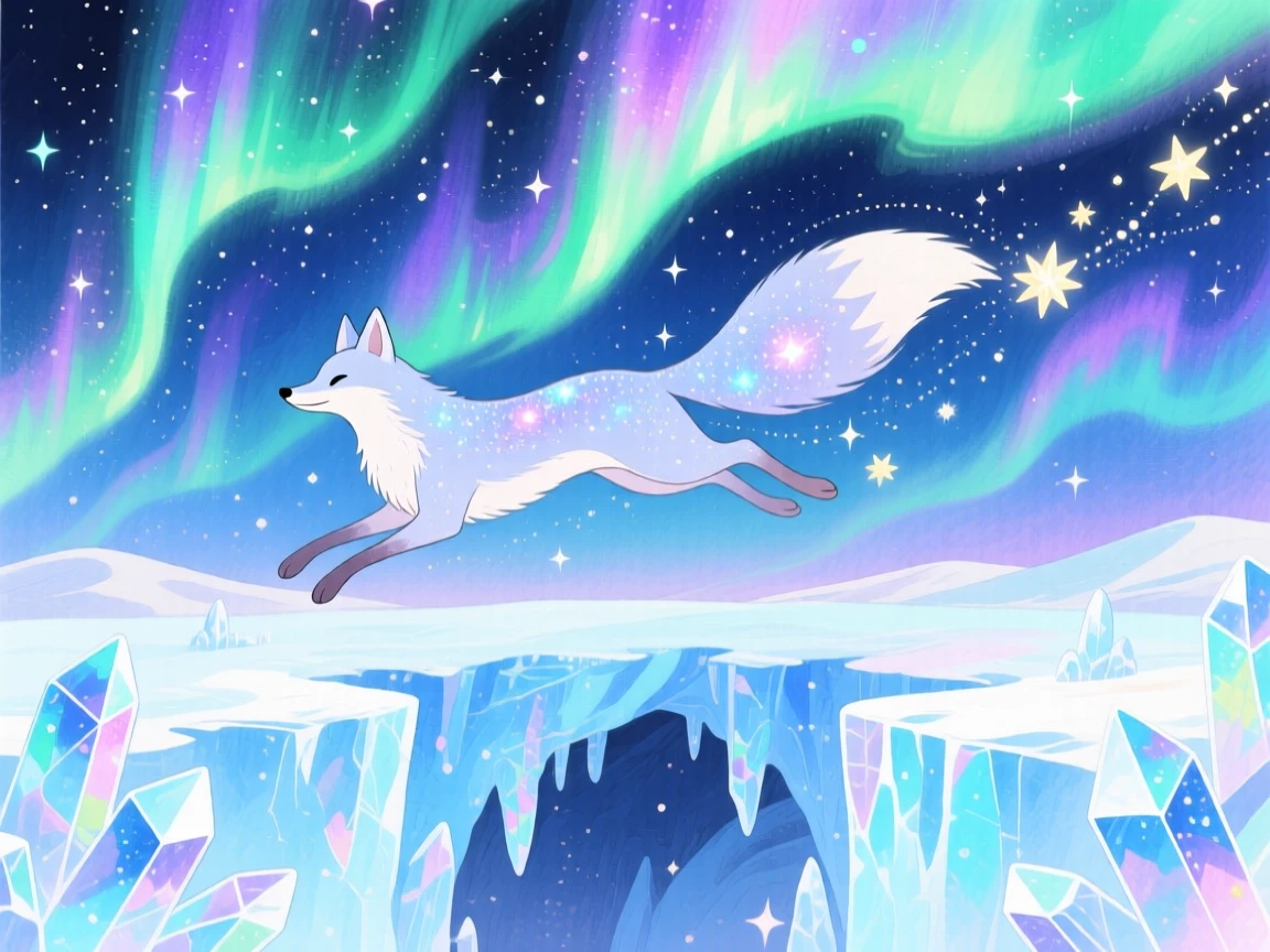 A star-tailed cosmic fox flying through a sky painted with the northern lights, in a sparkling ice cave, radiating gentle magic and wonder.