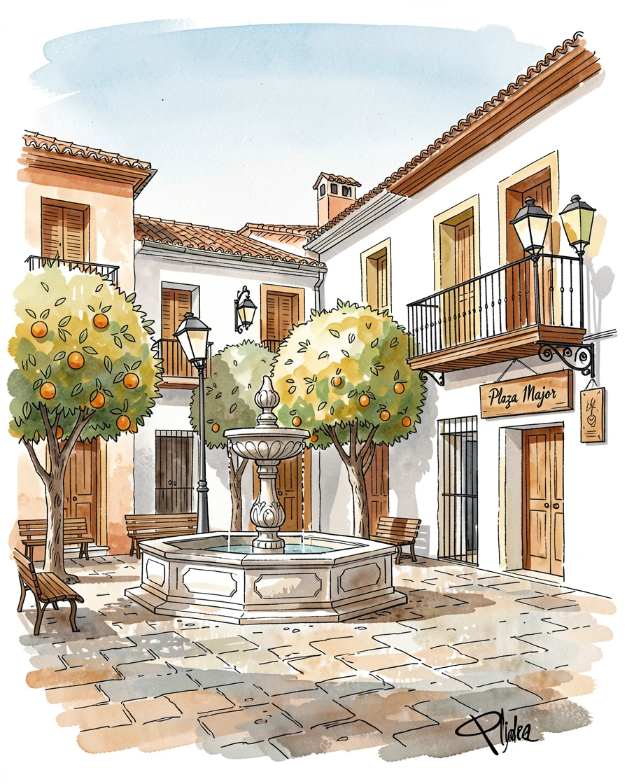 A quiet plaza in an old Spanish town lined with orange trees, a sense of timeless charm filling the scene.