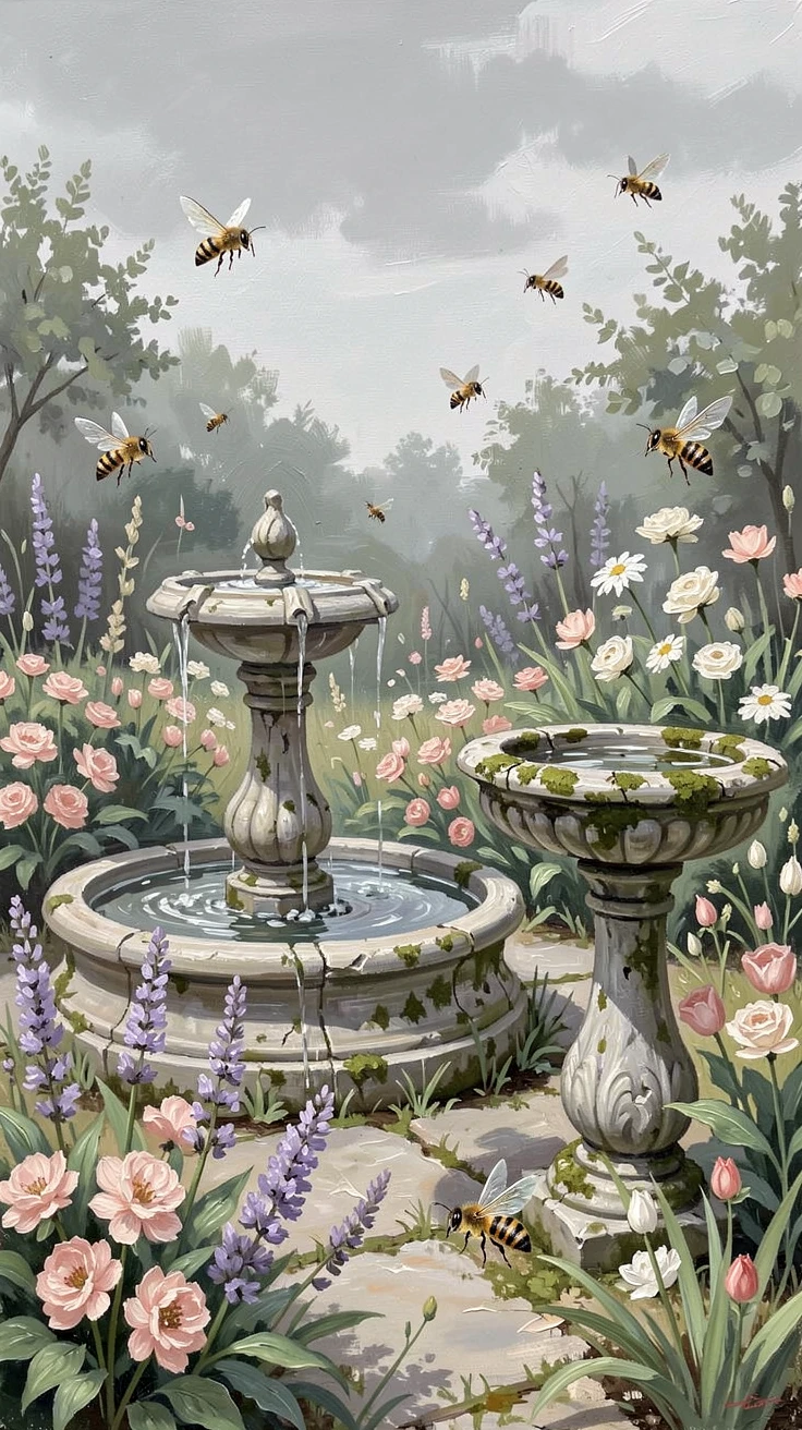 On a soft, overcast afternoon perfect for wandering, a courtyard garden with a stone fountain, beside a weathered stone birdbath, bees drifting lazily from bloom to bloom.