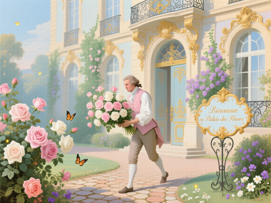 A gardener delivering an armful of roses to the palace  