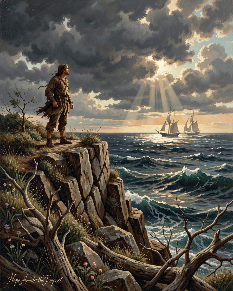 A castaway stands atop a cliff, scanning the horizon for a passing sail.