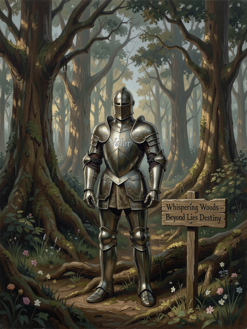 A lone knight in gleaming armor standing before a glowing enchanted forest, with a sense of scale that conveys awe and grandeur, evoking wonder, mystery, and epic storytelling