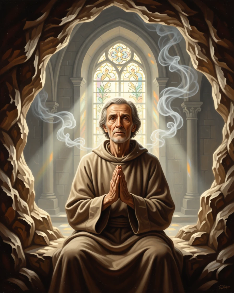 A hermit finding peace in solitary contemplation within a mountain cave in a moment of profound spiritual clarity, set within a sunlit chapel filled with drifting incense smoke, with soft, radiant light breaking gently through clouds or stained glass; the composition places the central figure within a halo of natural light, radiating compassion, faith, and gentle hope.
