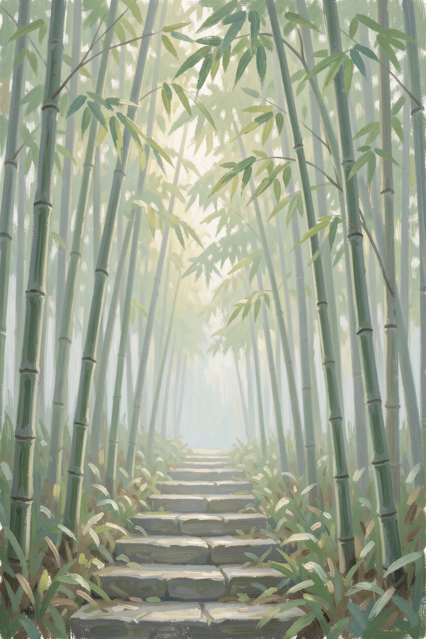 A misty bamboo forest with narrow stone steps winding upward, soft green light filtering through the tall stalks, in the gentle hush of early morning.