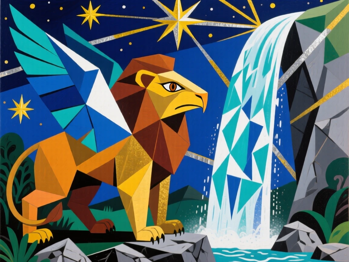 A magical scene of a starlit griffin beside a waterfall that flows upward into the sky.