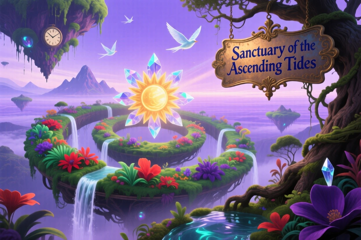 A spiral of floating gardens circling a hidden sun drifts slowly across a lavender horizon, while streams of water arc upward instead of down.