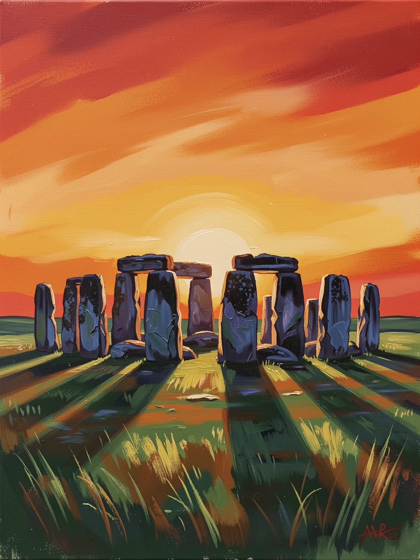 Stonehenge stands silhouetted against a vivid summer solstice sunrise, ancient stones casting long shadows across the surrounding green plain, the changing light of the hour casting long shadows that add depth to every surface.