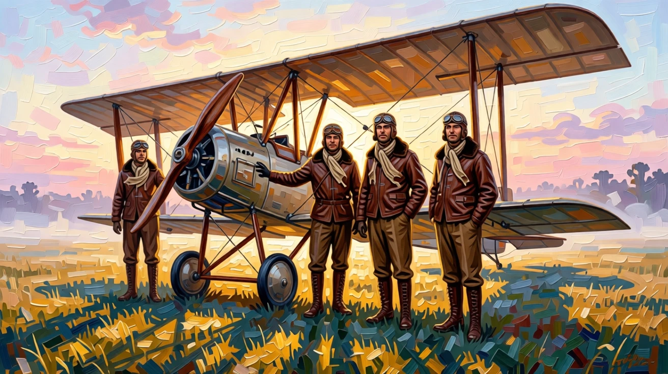 A group of early aviators standing proudly beside their fragile wooden biplane at dawn