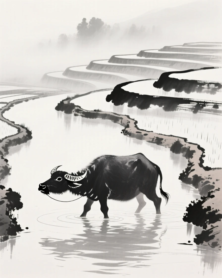 A water buffalo wades through a shallow irrigation channel, as mist lingers over the surrounding terraces.