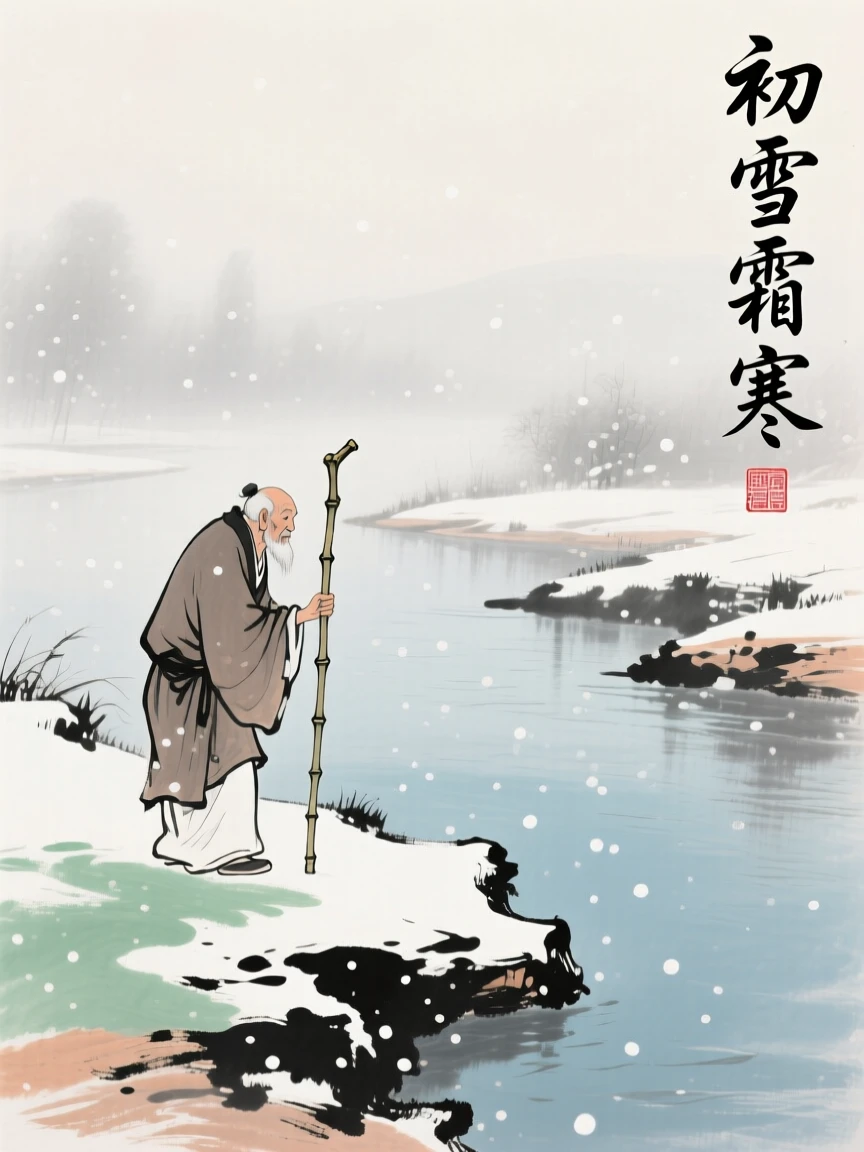 An old man walking with a bamboo staff along a misty riverbank, under the first snow of winter.