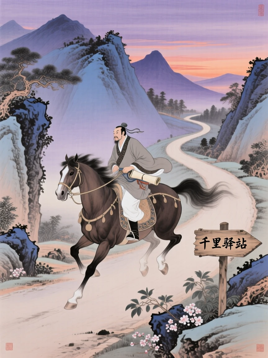 A messenger on horseback racing along a mountain road at dusk