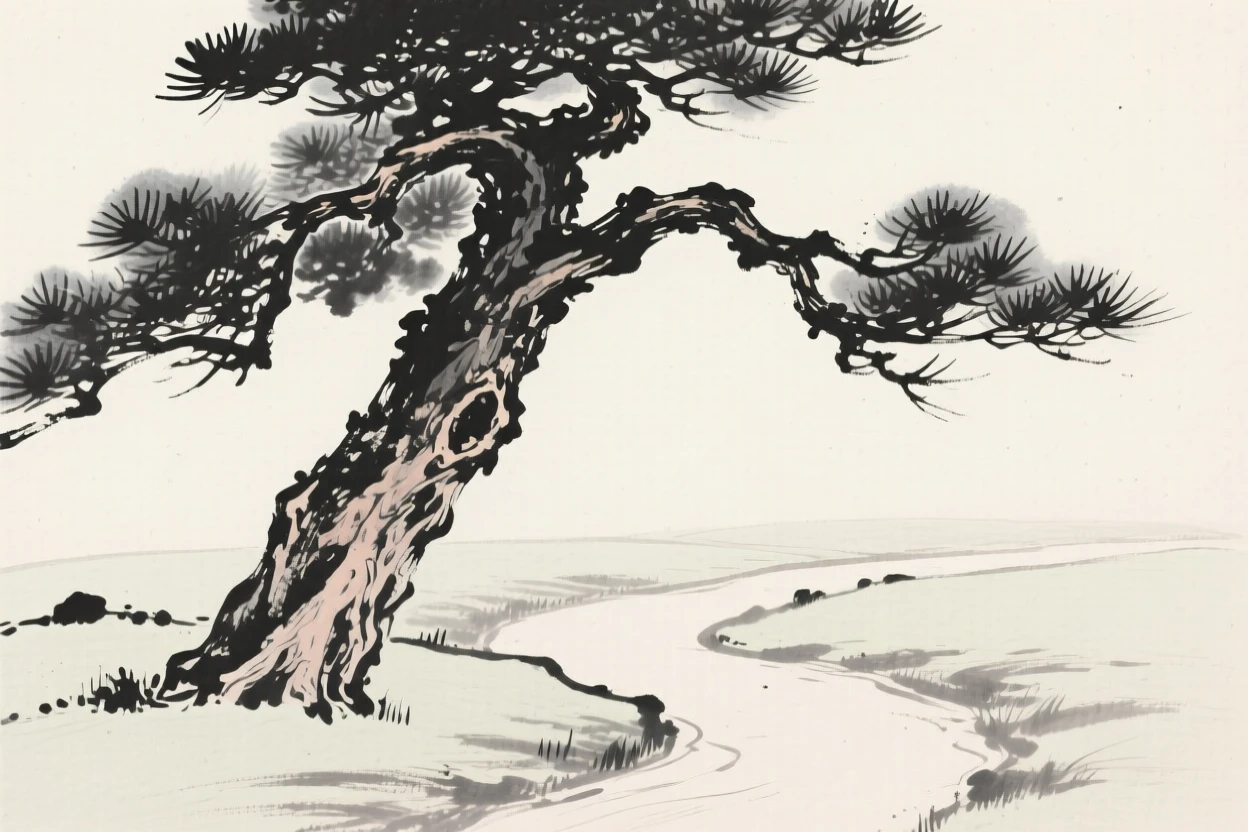 An ancient gnarled pine tree beside a quiet garden path, framed asymmetrically for quiet visual balance, conveying gentle stillness and natural harmony.