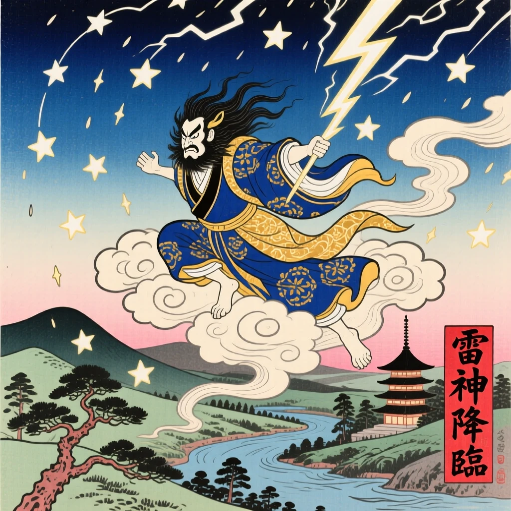 A cloud-riding thunder god descending in a shower of falling stars.