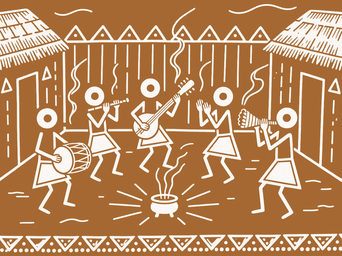 A group of temple musicians in a courtyard filled with the scent of incense.