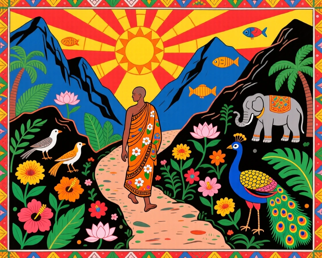 A monk walking quietly along a mountain path at first light.