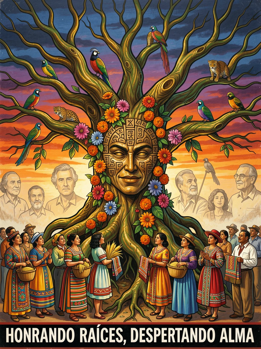 A thousand-year-old tree spirit awakening at twilight