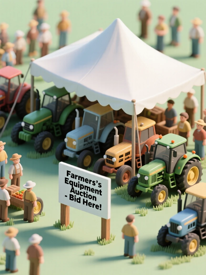 A bustling farmers equipment auction, tractors lined up for bidding, and a crowd gathered under a large white tent.