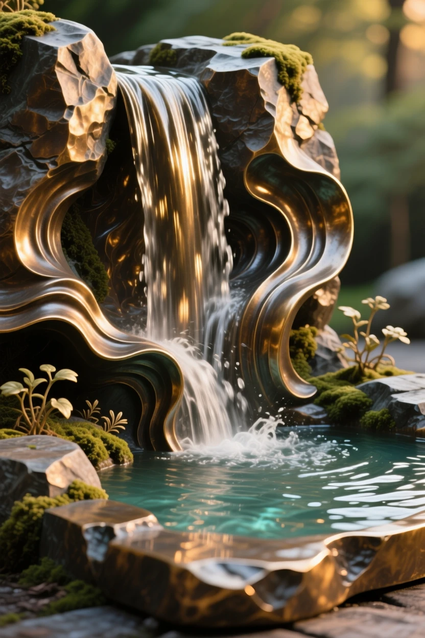 A tranquil waterfall cascading into a crystal pool, bathed in the warm hues of golden hour, offering a breathtaking sense of place
