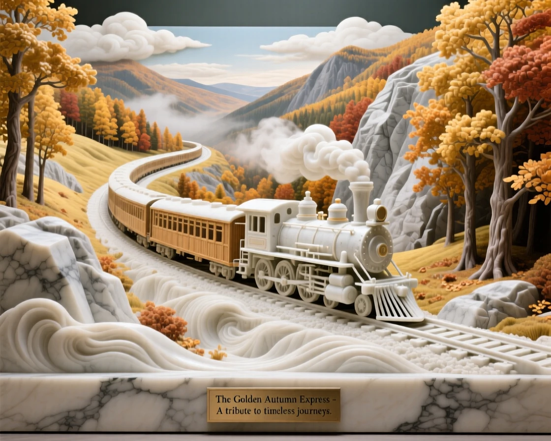 A beautifully composed image of a train winding through a golden autumn valley, framed by dramatic natural scenery, full of atmosphere and visual storytelling