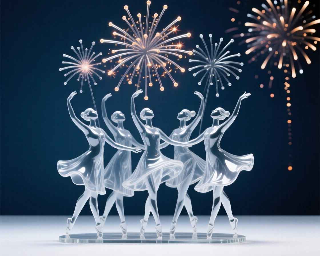 A group of dancers celebrating together beneath fireworks while distant fireworks light up the night sky