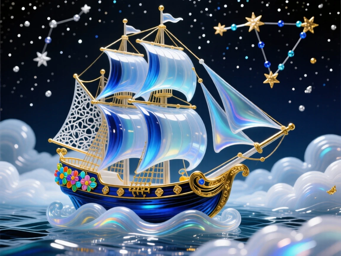 A ship sailing through clouds instead of water beneath a starlit sky, adventurous and surreal.